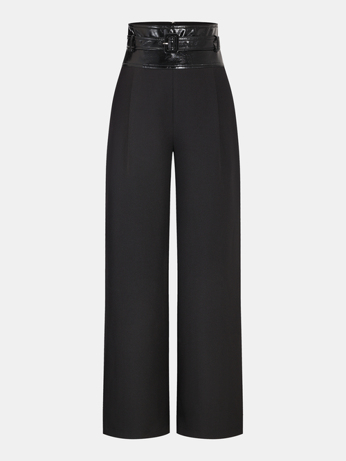Faux Leather Waistband Wide-Leg Pants with Belt