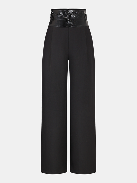 Faux Leather Waistband Wide-Leg Pants with Belt