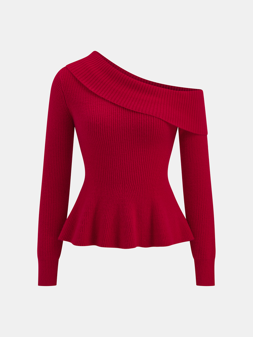 One-Shoulder Rib-Knit Peplum Sweater