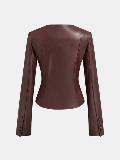 Frog-Closure Faux Leather Blazer