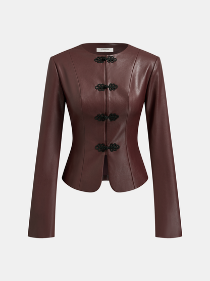 Frog-Closure Faux Leather Blazer