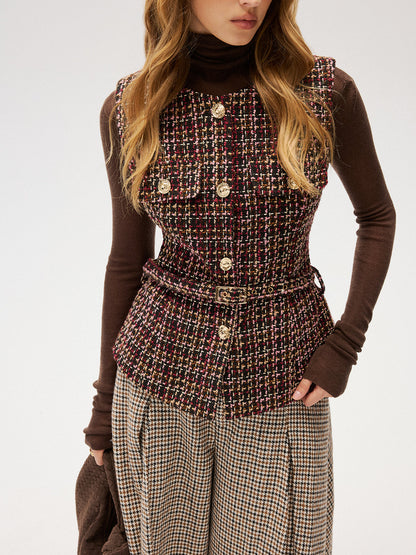Belted Tweed Sleeveless Vest