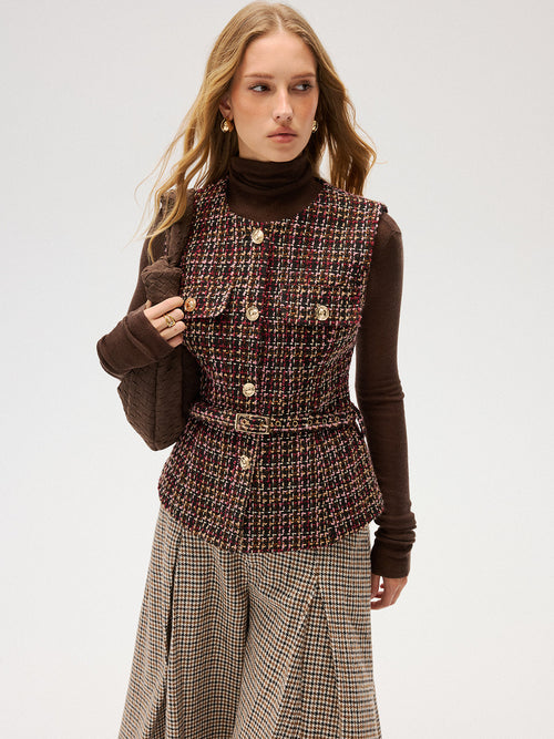 Belted Tweed Sleeveless Vest
