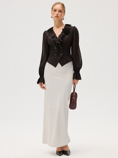 Chiffon Ruffle Rose Double-Breasted Blouse
