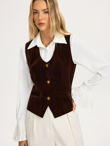 Metal Button Velvet Sleeveless Vest