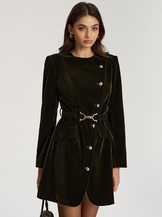 Belted Asymmetric Button Velvet Long Blazer
