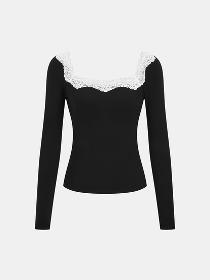 Lace Square Neck Ribbed Long-Sleeve Top