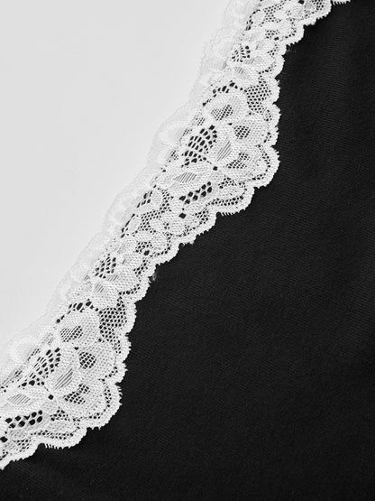 Lace Square Neck Ribbed Long-Sleeve Top
