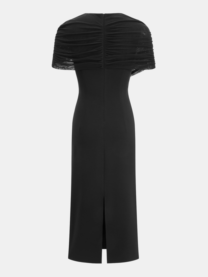 Draped Mesh Cape Sleeve Maxi Dress
