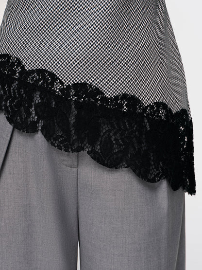 Lace Trim Houndstooth Mock Neck Top