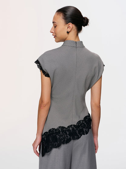 Lace Trim Houndstooth Mock Neck Top
