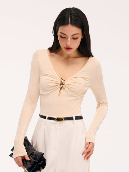 Metal Detail Cut-Out Long-Sleeve Bodysuit