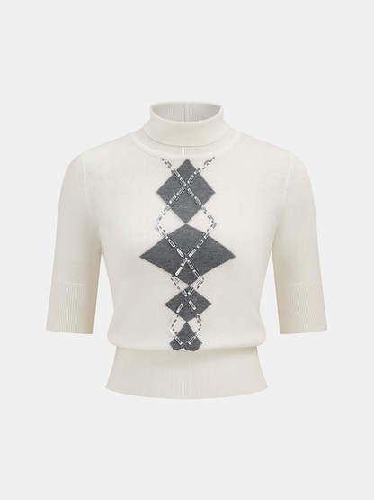 Embellished Argyle Wool-Blend Turtleneck Sweater