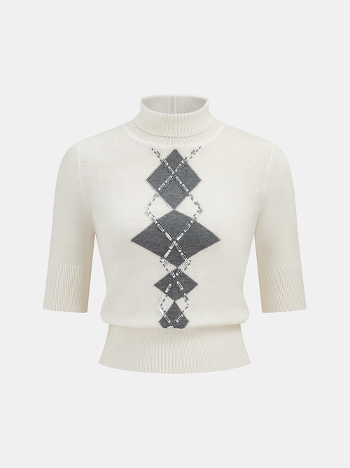 Embellished Argyle Wool-Blend Turtleneck Sweater