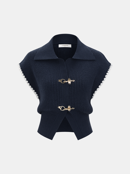 Metal Clasp Contrast Trim Collared Knit Vest