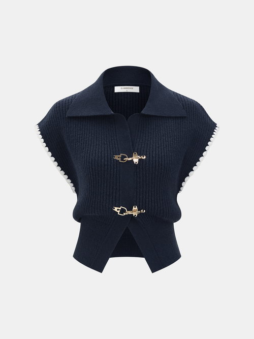 Metal Clasp Contrast Trim Collared Knit Vest