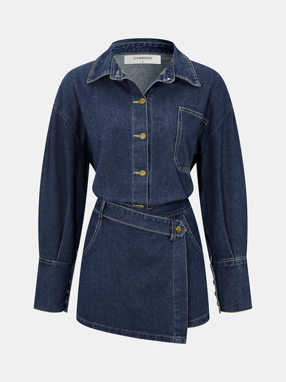 Denim Shirt & Asymmetric Skort Set