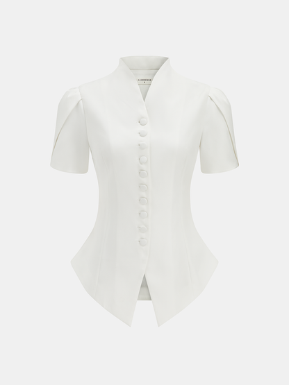 Short Sleeve Stand Collar Buttoned Slim Blouse
