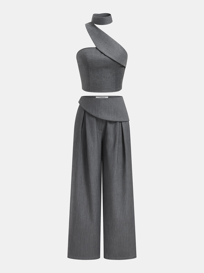 Asymmetrical Halter Crop Top & Pants Set
