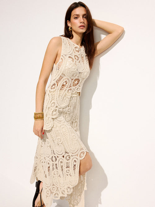 Crochet Lace Sleeveless Top & Midi Skirt Set
