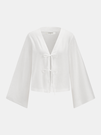 Cotton Tie-Front Blouse & Ruffled Shorts Set