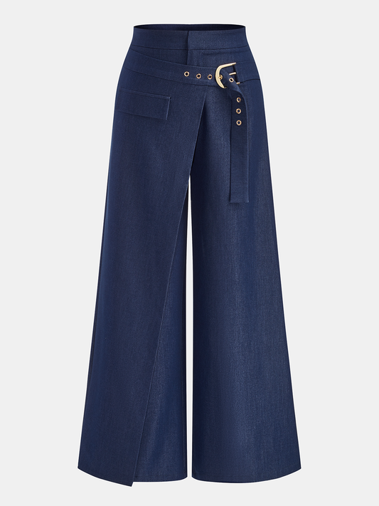 Buckle-Waist Overlap Wide Leg Pants