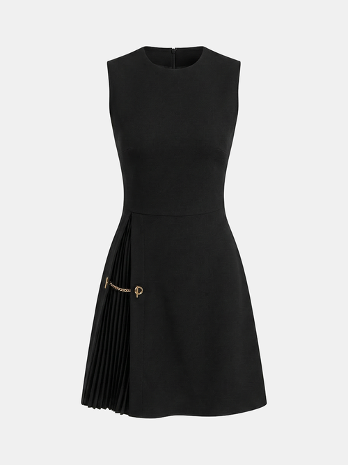 Chain Detail Pleated Sleeveless Mini Dress