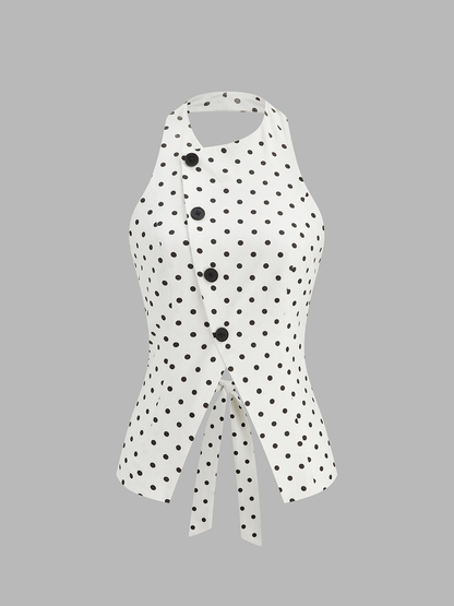 Polka Dot Halter Decorative Button Tie-Back Top
