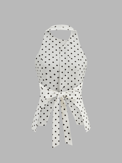 Polka Dot Halter Decorative Button Tie-Back Top