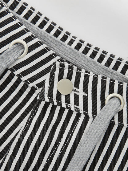 Striped Patchwork Drawstring Barrel Pants