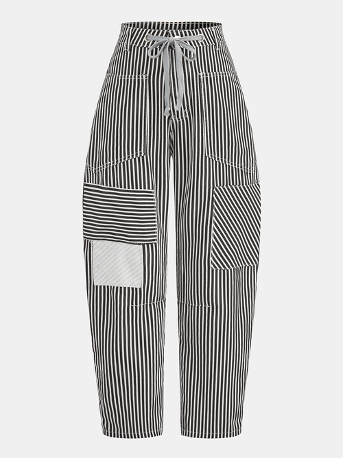 Striped Patchwork Drawstring Barrel Pants