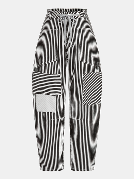 Striped Patchwork Drawstring Barrel Pants