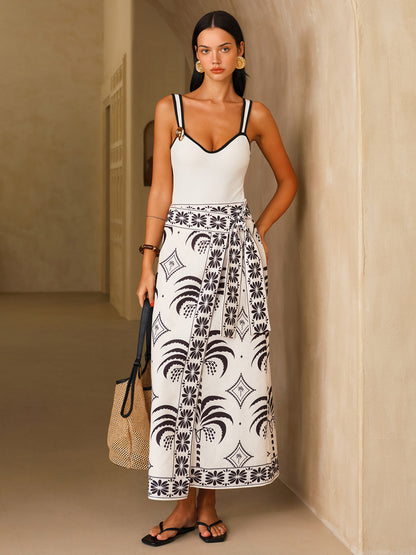 Palm Tree Print Wrap Midi Skirt