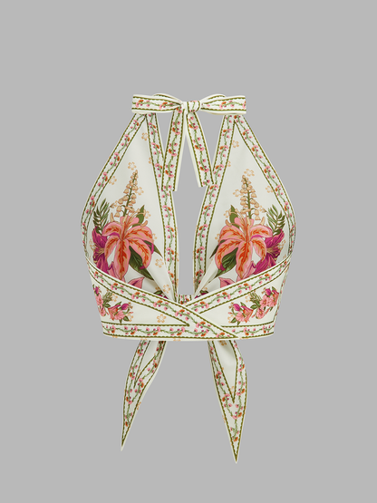 Floral Print Tie Front Cropped Halter Top