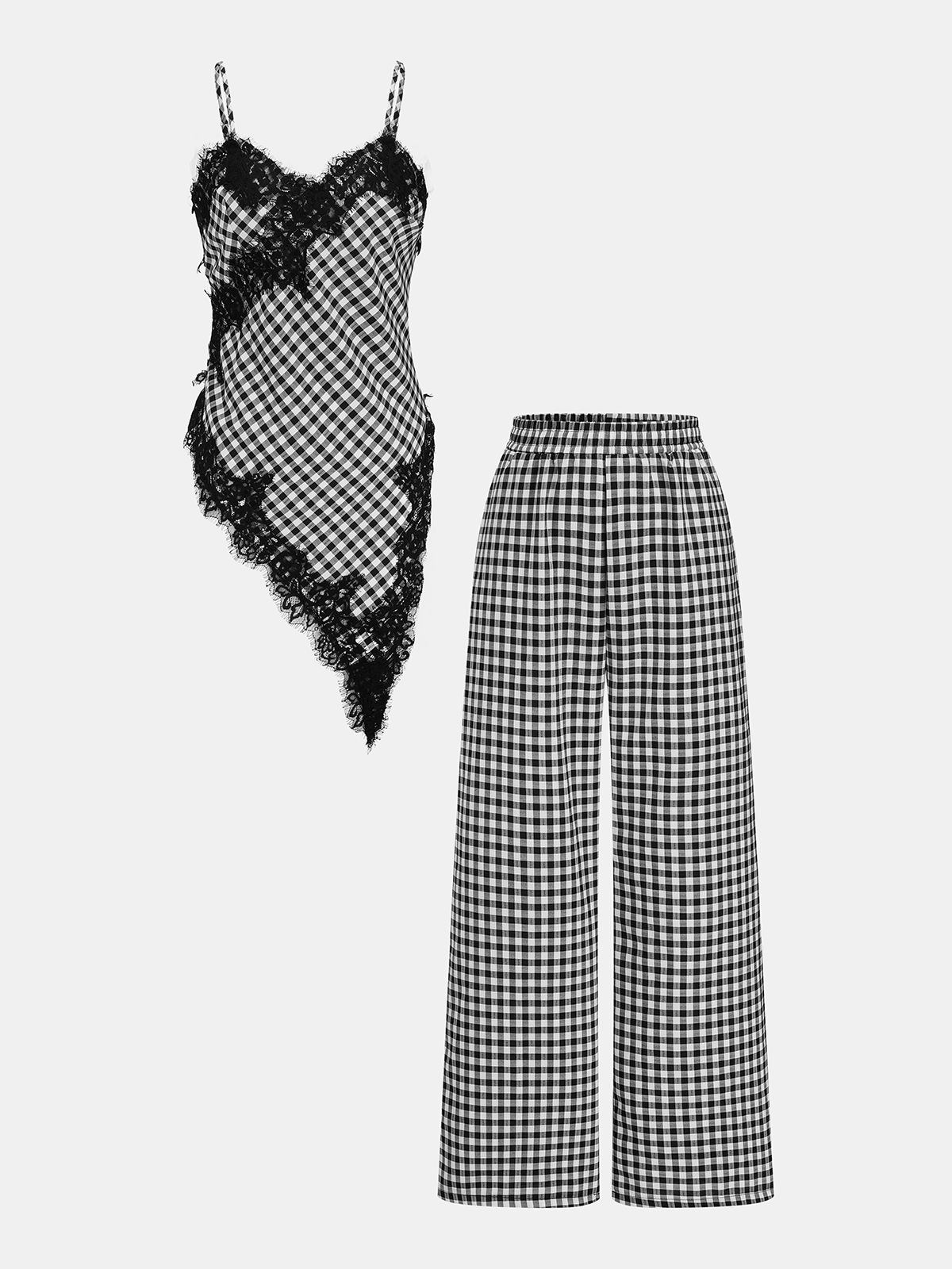 Gingham Cotton Lace Trim Cami Top & Pants Set