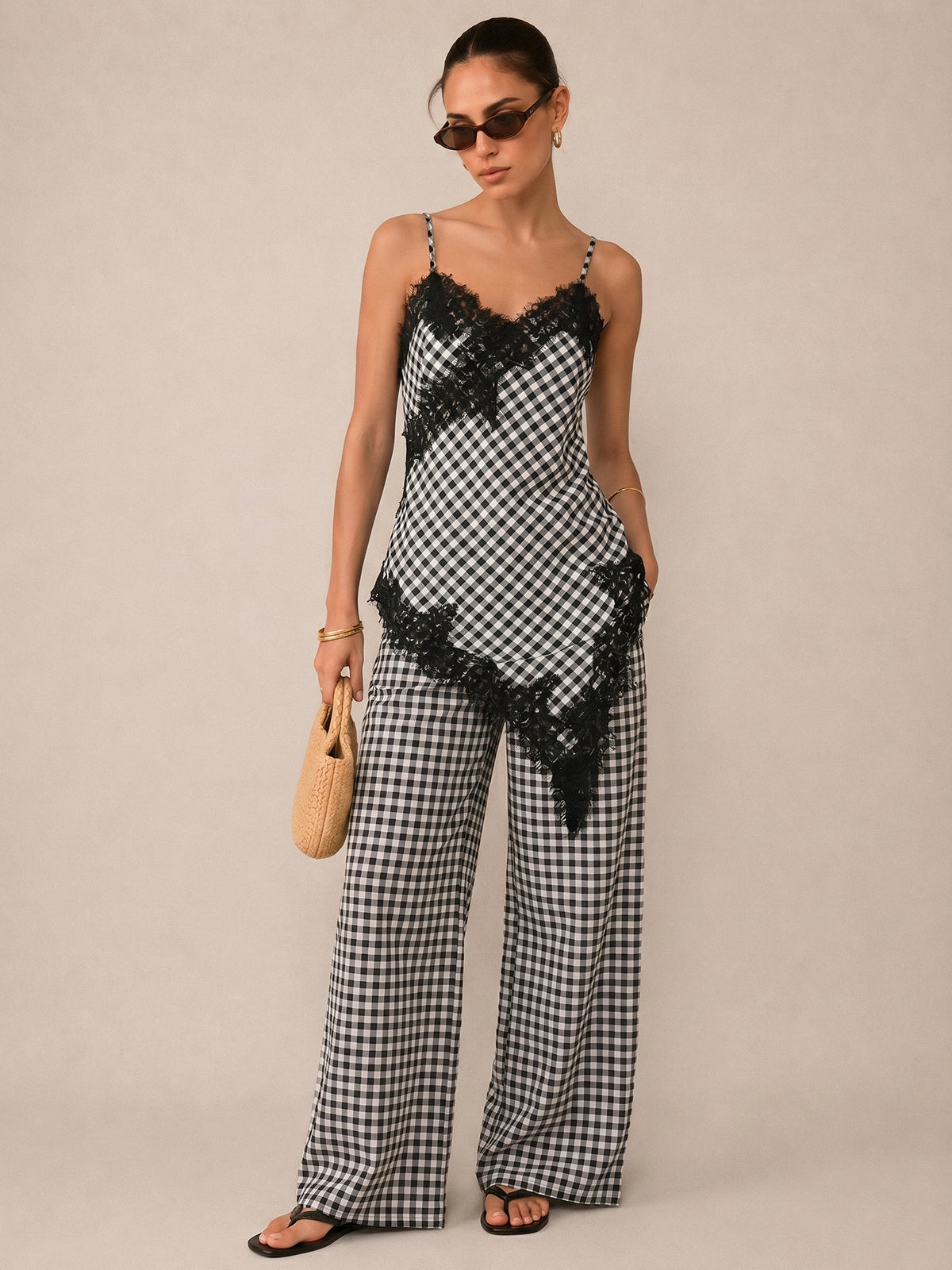 Gingham Cotton Lace Trim Cami Top & Pants Set