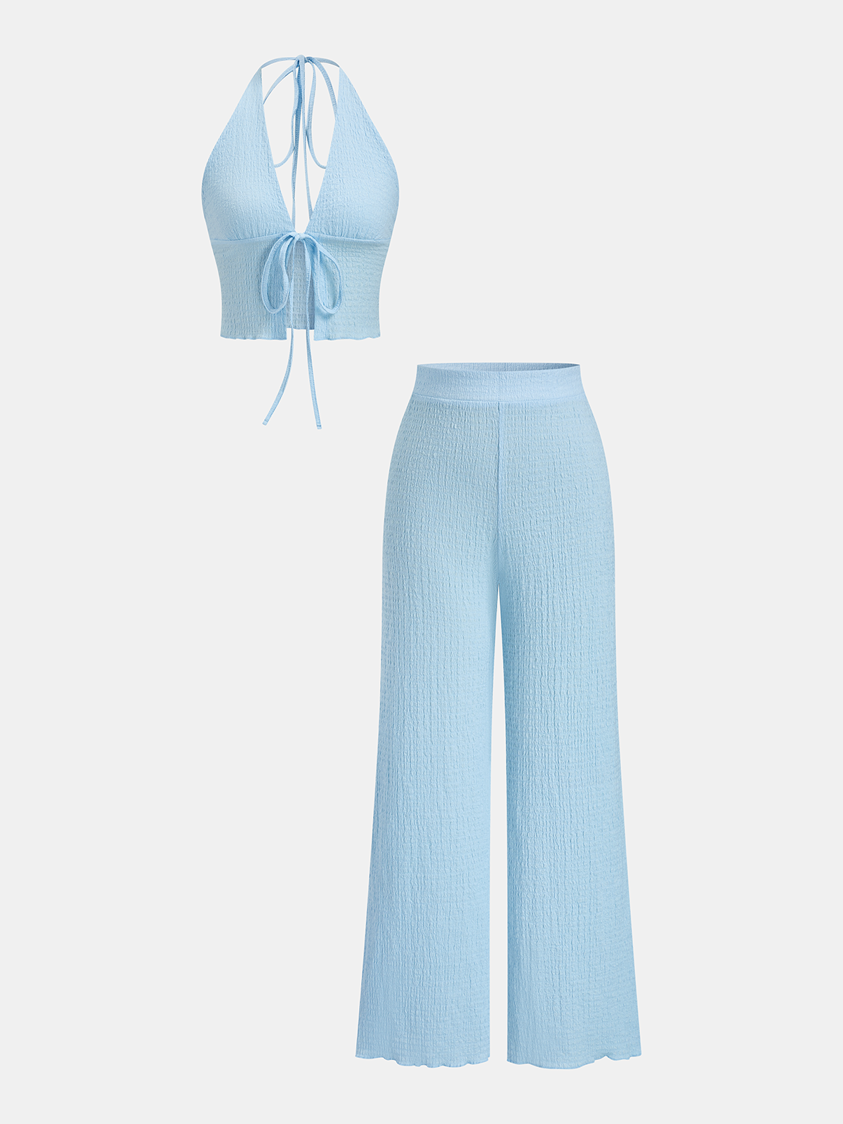 Textured Halter Tie-Front Top & Pants Set