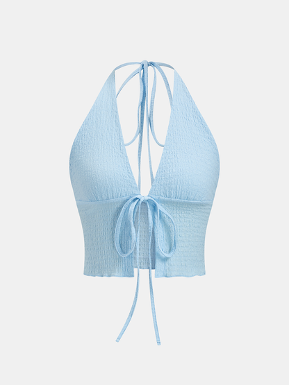 Textured Halter Tie-Front Top & Pants Set