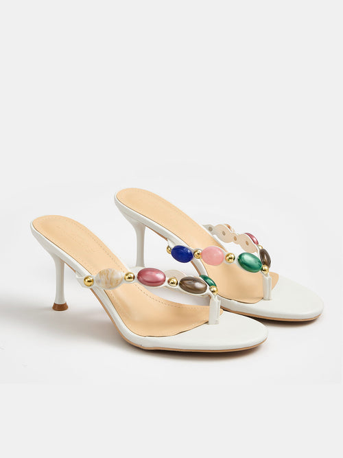 Stone Embellished Thong Heeled Sandals