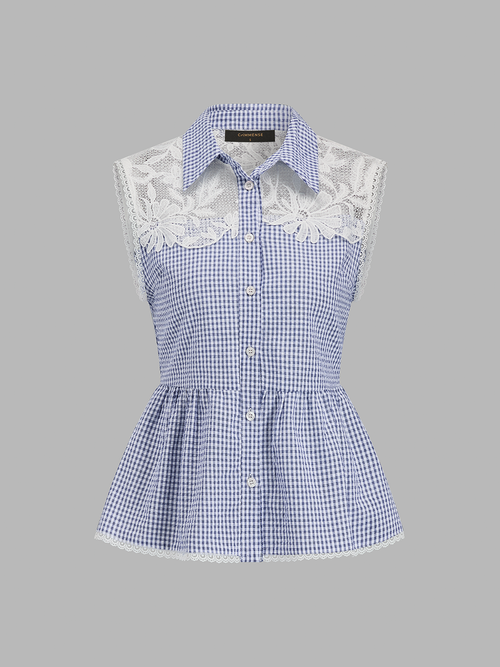 Gingham Lace Panel Sleeveless Peplum Shirt