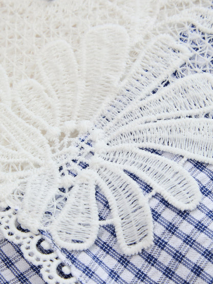 Gingham Lace Panel Sleeveless Peplum Shirt