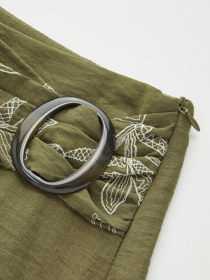 Cotton Linen Leaf Embroidered Shirt & Shorts Set