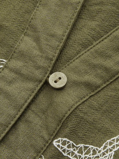 Cotton Linen Leaf Embroidered Shirt & Shorts Set