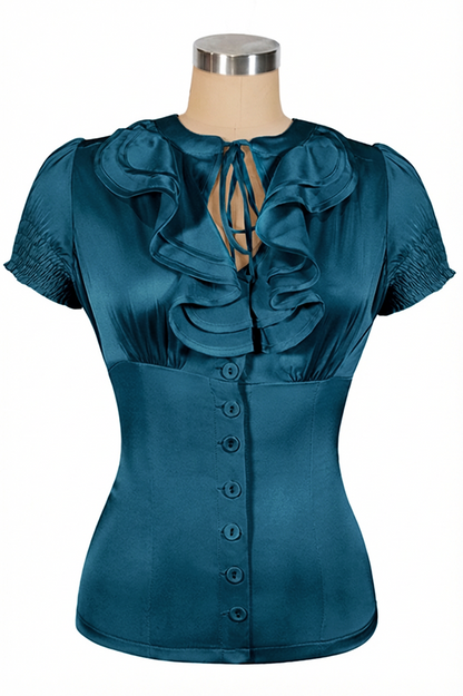 D'Amour Satin Frill Front Blouse (Teal Blue)