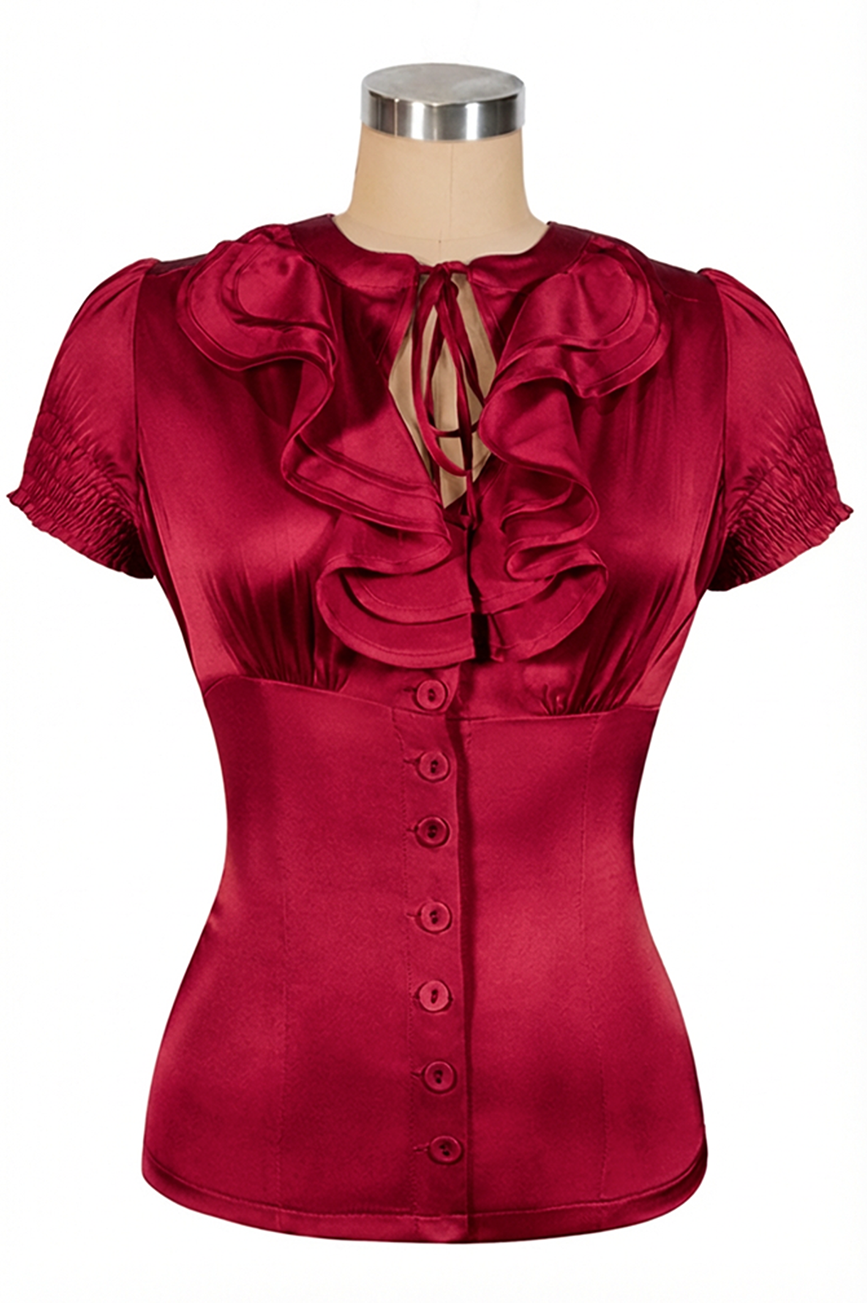 D'Amour Satin Frill Front Blouse (Red)