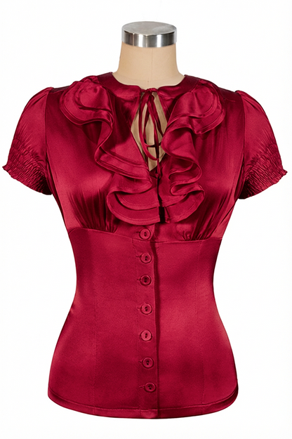D'Amour Satin Frill Front Blouse (Red)