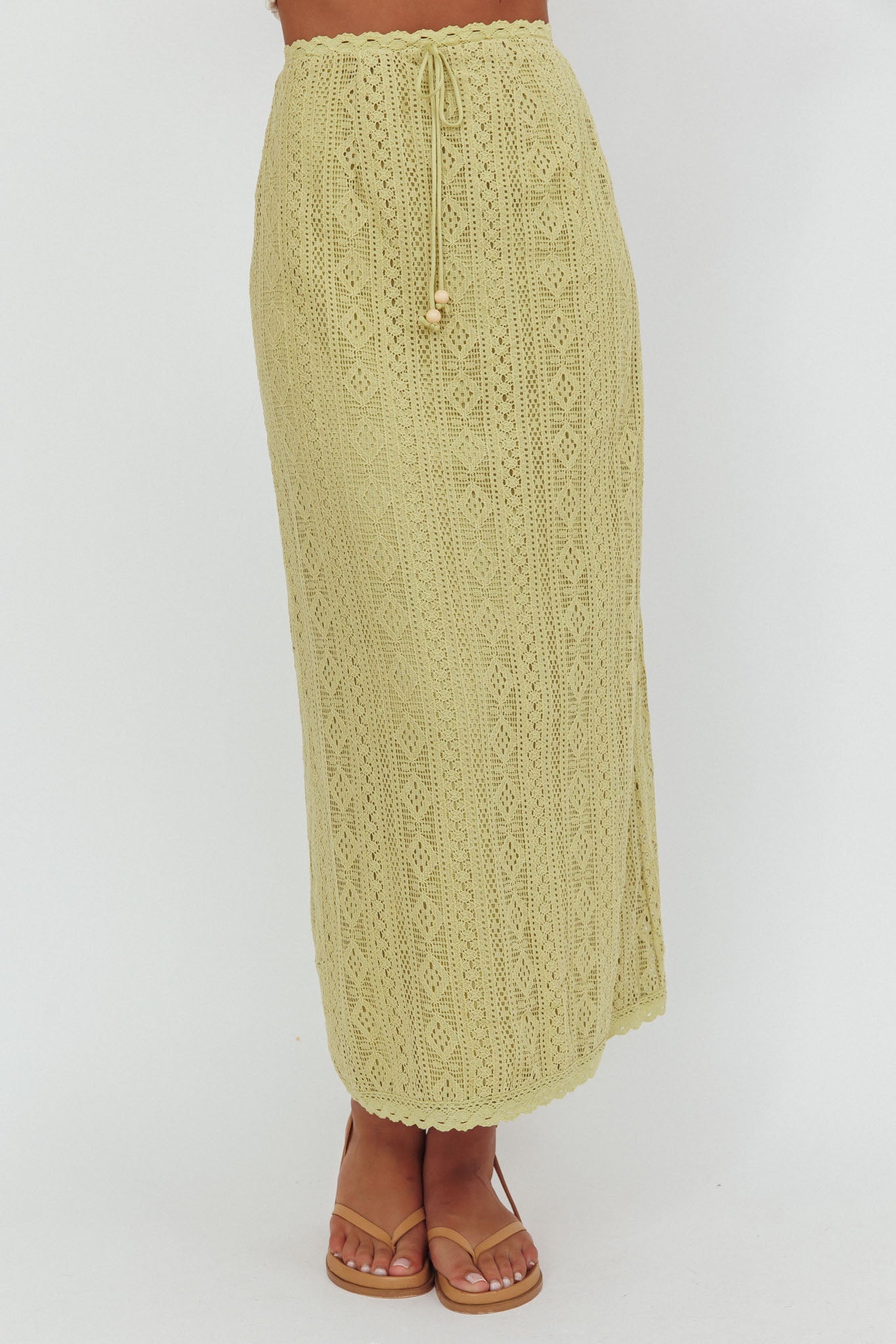 Days Away Crochet Lace Maxi Skirt Moss
