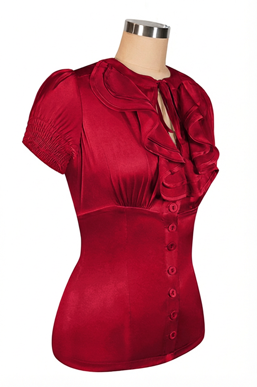 D'Amour Satin Frill Front Blouse (Red)