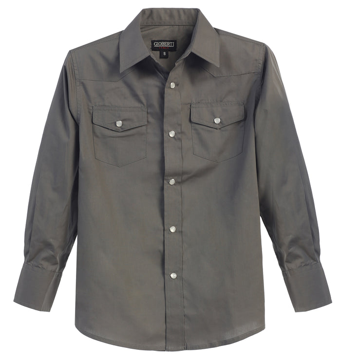 Boy's Casual Western Solid Long Sleeve Shirt with Pearl Snaps
