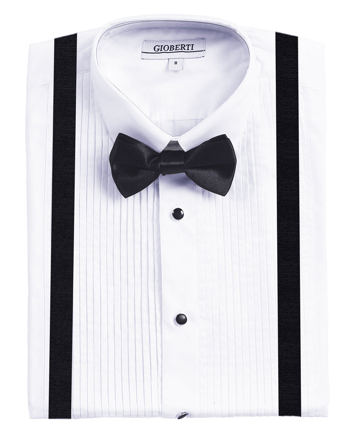Boy's White Tuxedo Dress Shirt with Bow Tie & Suspenders and Metal Studs